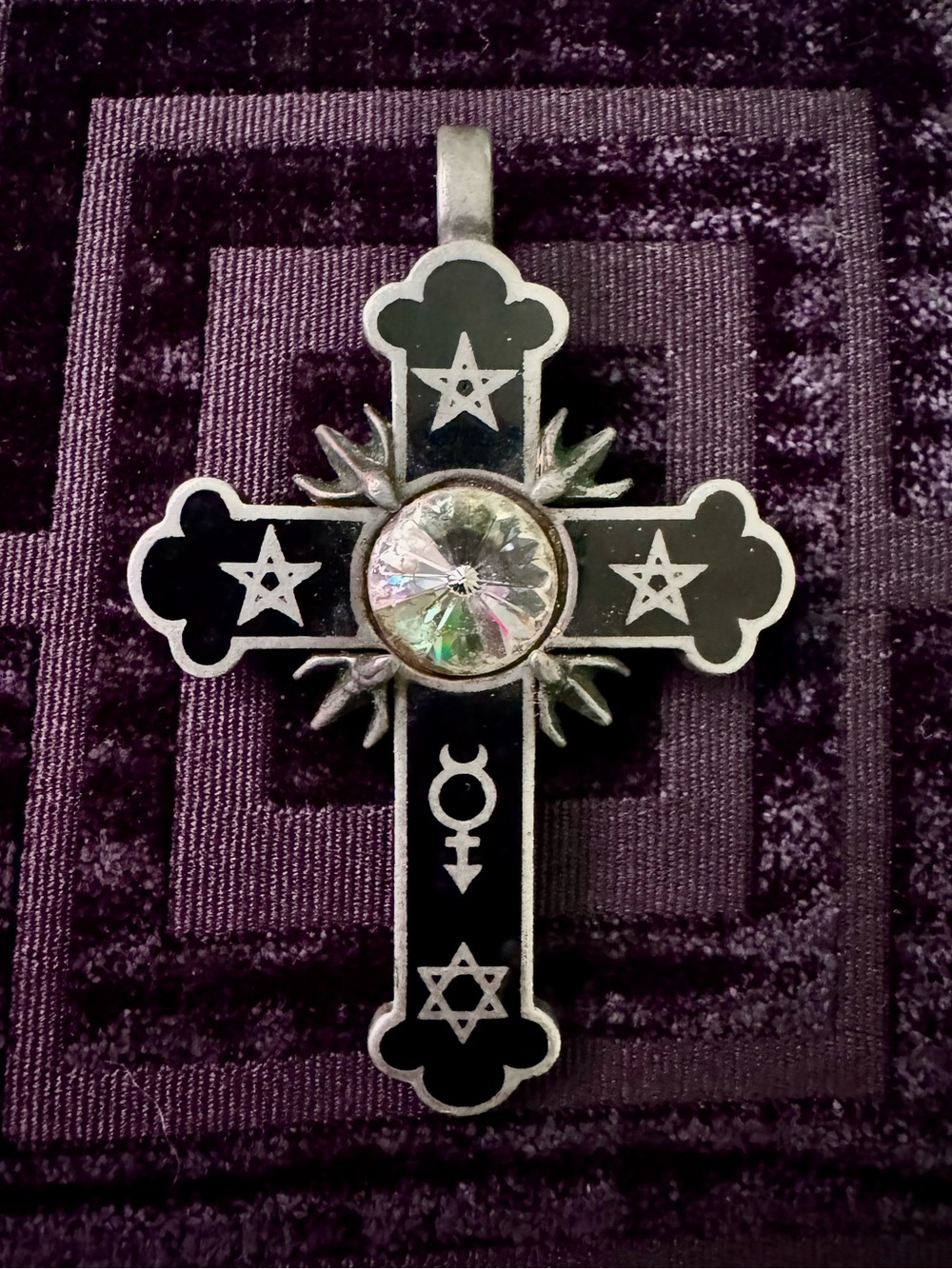 Alchemy Vintage-Inspired Black Cross Pendant with Pentagram Accents and Symbols